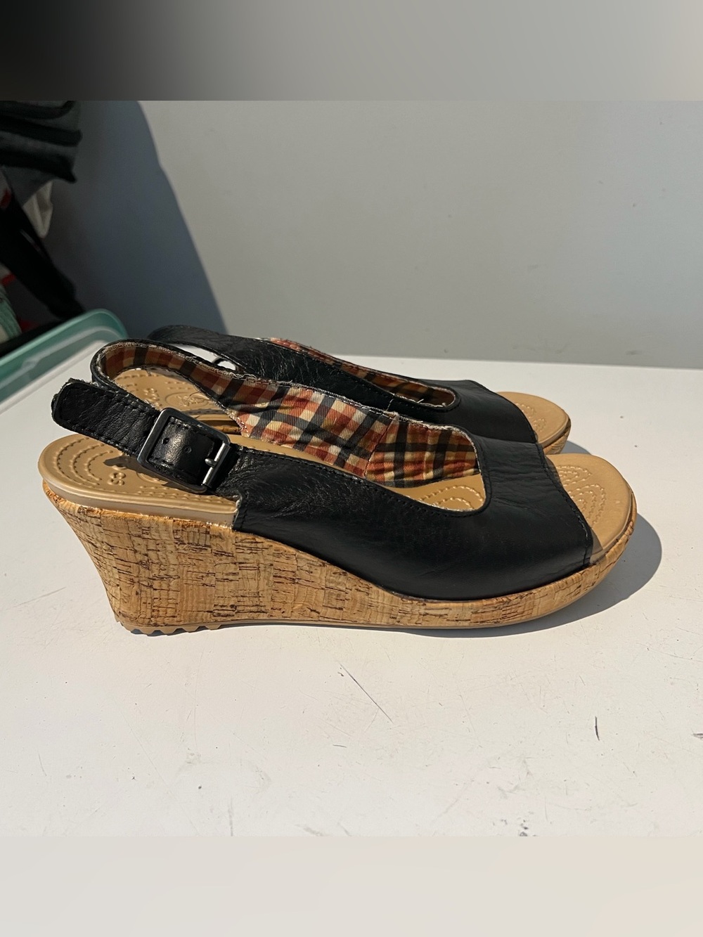 Crocs A-Leigh black leather slingback cork wedge sandals